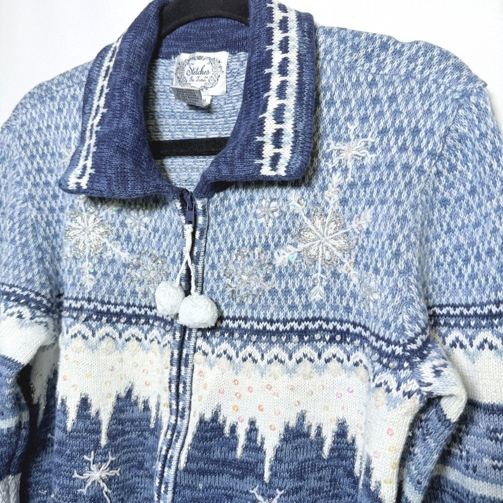 Stitches In Time Blue Snowflake Beaded Zip Cardigan Sweater Medium Vintage